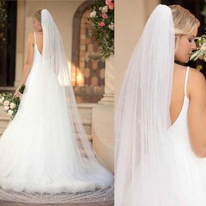 Pearls Ivory Long Bridal Veils with Comb One Layer Cathedral Wedding Veil White Bride Accessories Velos de Noiva X0726250U