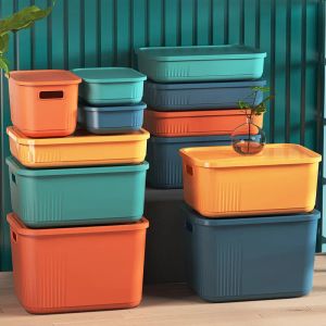 Bins Desktop Plastiklagerbox mit Deckel Sundies Kosmetik Schmuck Küche Organisator Spielzeug Aufbewahrung Körbe Container Home Supplies