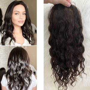 Brown Wavy Clips On Hair Topper Piece 6x6" Virgin natural wave Hair Silk Base Toppers 15x16 cm free Part For Women