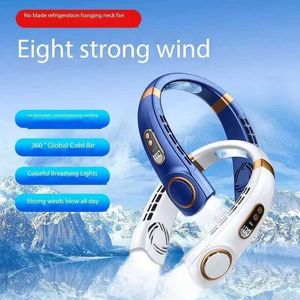 Portabla luftkylare Portable Mini Bladeless Mute Hanging Neck Fan Led Digital Display Ice Ceramic Body Sensation Cooling Colorful Atmosphere Lights Y240422