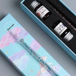 Pens Jugal New Glass Squirt Stift Einhorn Brunnen Stift Tinte Set Transparent Dip Stift zum Schreiben von Brunnen Stift Geschenkbox Kunstbedarf