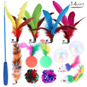 Toys 14sts ersättning Cat Feather Toy Set Feather Replacement Head Dractable Cat Stick Cat Products