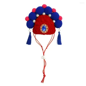 Dog Apparel Cat Hat Festive Chinese Opera Style Pet Knit Elastic Windproof With Tassel Faux Pearl Decor Holiday Cosplay For Dogs