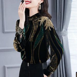 Women's Blouses Fashion Sequined Velvet Blouse Autumn Winter Vintage Printed Clothing Long Sleeve Casual Stand Collar Straight Shirt