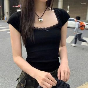 Kvinnors T -skjortor Deeptown Summer Y2K Crop Top Short Sleeve Tshirts Women Harajuku Korean Fashion Black Lace Tees Vintage Aesthetic Gyaru