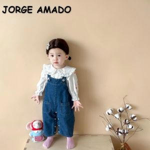 T-shirt in stile coreano Nuova primavera e autunno bambina set da spalla senza maniche con spalline in denim salto girare le camicie di coniglio H7059