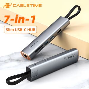 Hubs CableTime 7 в 1 Slim USB C Hub To LAN 1000 Мбит / с HDMI 4K 60 Гц 100W SD SD TF Reader для Dell MacBook Type C Multi Dock C432