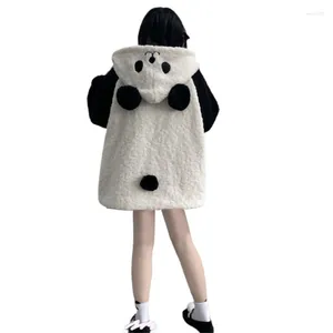 Kadın Ceketler 2024 Kadın Kış Kış Faux Polar Hoodies Ceket Harajuku Karikatür Panda Kulakları Uzun Kollu Sweatshirt Büyük Boy Düğmesi