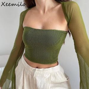 Kadın Tişörtleri Xeemilo Estetik Vintage Kadınlar 2 Parça Setler Yeşil Straplez Tank Üstü Seksi Mesh Sheer Flare Uzun Kollu Şal Sokağı