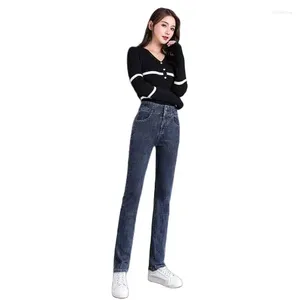 Jeans femininos de perna reta de perna alta e solta calça pequena e solta calça de tamanho grande de outono azul