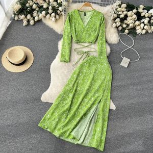 Женские шифоновые каникулы Bohemian Двумя частями костюмы Summer Lace Up Top Split Long Skirt Sets Y2K Floral Print Sets 240407