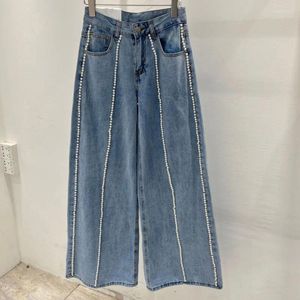 Jeans femininos 2024 Primavera Verão Estilo coreano solto Cantura alta emagrecer pérola larga de perna larga vestido de cor leve para mulheres