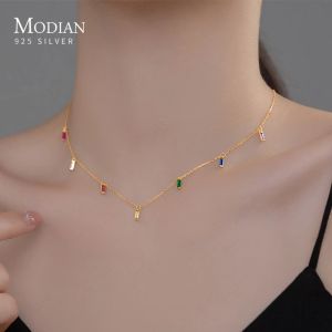 Halsband Modian 925 Sterling Silver Gypsophila Rainbow Zirconia Necklace For Women Fashion Long Chain Platinum Plated Fine Jewelry Gift