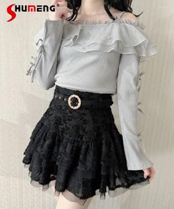 Kvinnors blusar japanska lolita spetsvit skjorta och blus 2024 Spring Fairy Shiny Suspender Shirts Sweet Long Sleeve Bow bundna toppar