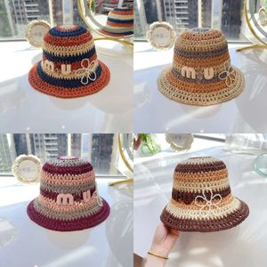 Colored Rainbow Designer Bucket Dopamine Style Hand Crochet Woven Straw Hats with Embroidered Letters for Fashionable Vacation Beach Hat