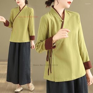 Ethnische Kleidung 2024 Chinesische traditionelle Frauen Hanfu Tops Nationaler Dienst Baumwollwäsche Bluse Retro Meditation Buddhist Zen Mantel