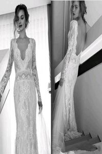 Lihi Hod Bohemian Beach Dresses Full Lace Long Sleeves Sexy v Neck Sweep Train Train Bridal Dons