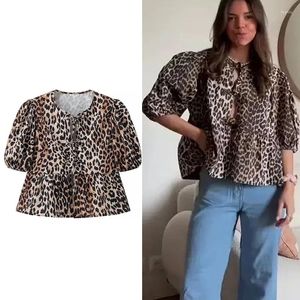 Women's Blouses Leopard Print Blouse Women 2024 Bowknot Cut Out Crop Tops Woman Streetwear Short Sleeve T-Shirts Vintage Summer