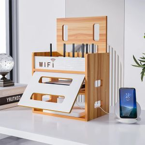 Routers trä WiFi Router Storage Box, routerhylla, modemkabel routerskydd, organiserad kraftremsa, kabelhanteringshiderställ