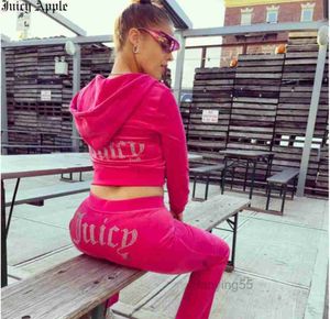 Juicy Apple Womens Tracksuits Velvet Sewing Suits outfit Tvådelt jogging set Velor Met Hoodie Pants Suit Womens