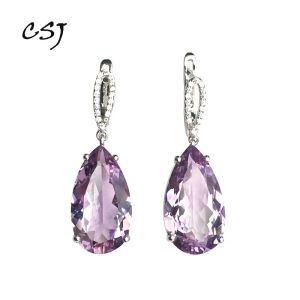 Örhängen CSJ Fashion 100% naturlig äkta Amethyst Pear Drop Earring 925 Sterling Silver Women and Lady Wedding Engagment Party Presentlåda