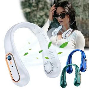 Portable Air Coolers Mini Neckless Fan Långvarig tyst bärbar enhet USB-laddning Digital skärm 5-hastighet. Viktig för sommaren utomhus Trav Y240422