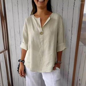 Kadınlar bluzlar yarım kollu düğme dekorasyon bluzu şık v yaka dekor tişört tişört gündelik 3/4 kollu düz renk üstü yaz için