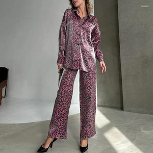 Kvinnors tvådelar Pants Casual high street raka kläder Spring Leopard Print Women 2 Fashion Turn-Down Collar Button Shirt and Suit