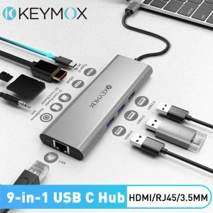 Hubs USB C Hub 9 в 1 док -мультипортарный адаптер тип C разветвитель 4K HDMI с зарядкой Ethernet PD 3,5 мм аудио -разъема SD Reader