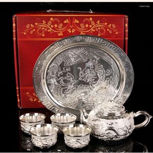 TEAWARE SETS PURE Silver Teapot Leather Box Set Tea Water Purification Wine