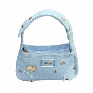 Blu Denim Ladies Piccole borse per borse da borsetta Fi Design Borse per spalle per rivetti Donne semplici ragazze ascella