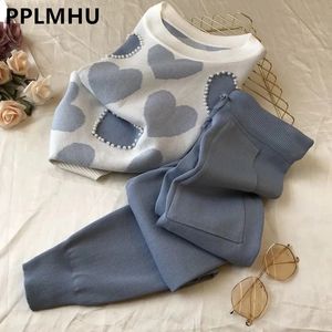 Korean Love Printed Knit 2 Piece Set Women Short Sleeve Beading Knitwear Tee Tops Conjunto 90 cm Jogging Malhas Pants Casual Suit 240415