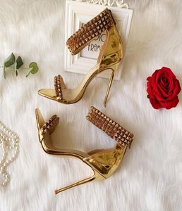 Женщины моды перекачивают золотые патентные кожаные шипы, пряча, оберточная, сандалии высоких каблуков, 12 см, 10 см. Новый 5128253