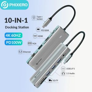 Hubs PHIXERO USB HUB 4K HDMI Adapter 10 in 1 USB C to RJ45 USB 3.0 PD 100W Dock for MacBook Pro Air USBC Type C 3.1 Splitter USB C