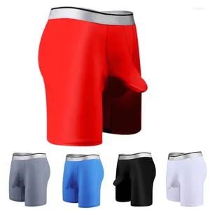 Underbyxor Ice Silk Fitness Long Boxer Shorts Underwear Men Sporty Sexig Penis Bag Pouch Stretch Boxers Sportwear Manliga trosor