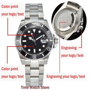 Carteiras DIY Men's Watch Casa de discagem personalizada de volta para texto pessoal Impressão colorida NH35 PT5000 Movimento Sapphire Crystal