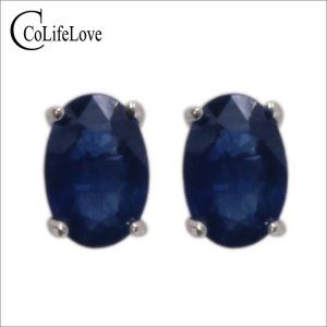Earrings 100% genuine sapphire stud earrings 4 mm* 6mm dark blue sapphire gemstone earrings simple 925 silver sapphire earrings for girl
