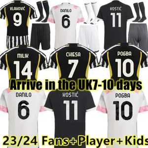 Fãs Jogador de futebol Jerseys 23 24 Home Away Milik Di Maria Vlahovic Kean Pogba Chiesa McKennie Locatelli Camisa de futebol 2023 2024 Kits Men and Kids Unifor Juventus