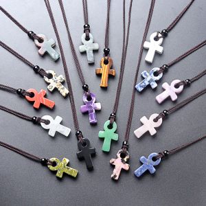 Natural Stone Cross Pendant Necklace for Women 7 Chakra Quartz Healing Crystal Necklaces for Women Men