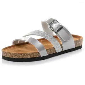 Casual Shoes Gold/Silver Slip On Cork Slippers Woman Soft Bottom Bekväm strand Sandaler Ladies Bling SMRED BAND Roman Gladiator