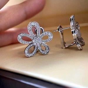 Fashion hot selling Van Big Flower Earrings New 925 Sterling Silver Plated 18K Gold Full Diamond Female jewelry