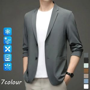 Mens Casual Ice Silky Suit Jacket M4XL Solid Color Lapel Long Sleeve Blazers Summer Spring Streetwear Leisure Thin Coats 240407