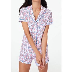 Conjunto de padrões de macacos de pijamas preppy Mulheres do sono de roupas de dormir de peito de manga curta e shorts de manga curta de duas peças 240420