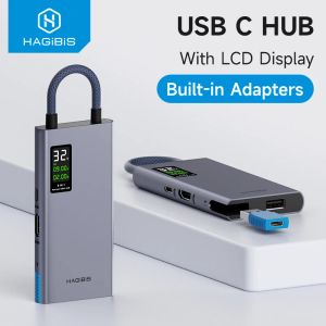 Hubs hagibis USB C Hub com LCD Display Tipo C Adaptador multitor 4K HDMicompatible 100W PD Gigabit Ethernet para MacBook Pro iPad HP
