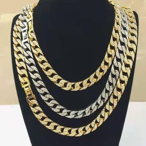 Chains Rapper Hip Hop Iced Out Paved Rhinestone 15MM Miami Curb Cuban Link Chain Gold Sliver Necklaces For Men Women Jewelry Set C3245