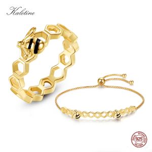 Strängar Kaletine Designer Jewelry Luxury Bee Honeycomb Armband Rings for Women Men Fashion Gifts for Women Yellow Gold Jewelry Set