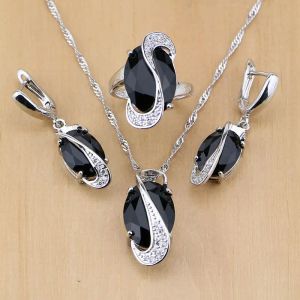 Halsband Trendiga svarta kubiska zirkoniumvita födelsestenar 925 Sterling Silver smyckesuppsättning för kvinnor festörhängen/hänge/halsband/ring
