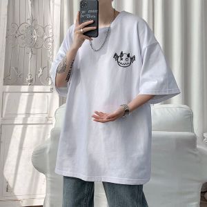 스웨트 셔츠 hybskr 봄 여름 남성용 Tshirts 한국 스타일 느슨한 작은 악마 그래픽 tshirt 캐주얼 대형 tshirt 남자 옷