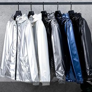 남자 후드 재킷 밝은 표면 하이킹 재킷 지퍼 슬림 한 방수 봄 가을 탄성 커프 코트 캠핑 240416