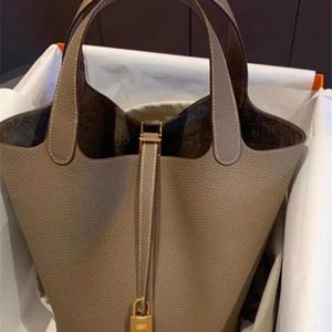 Tote bag high definition Genuine Leather Litchi Pattern end Versatile Womens Handheld Water Bucket Elephant Grey Vegetable Basket